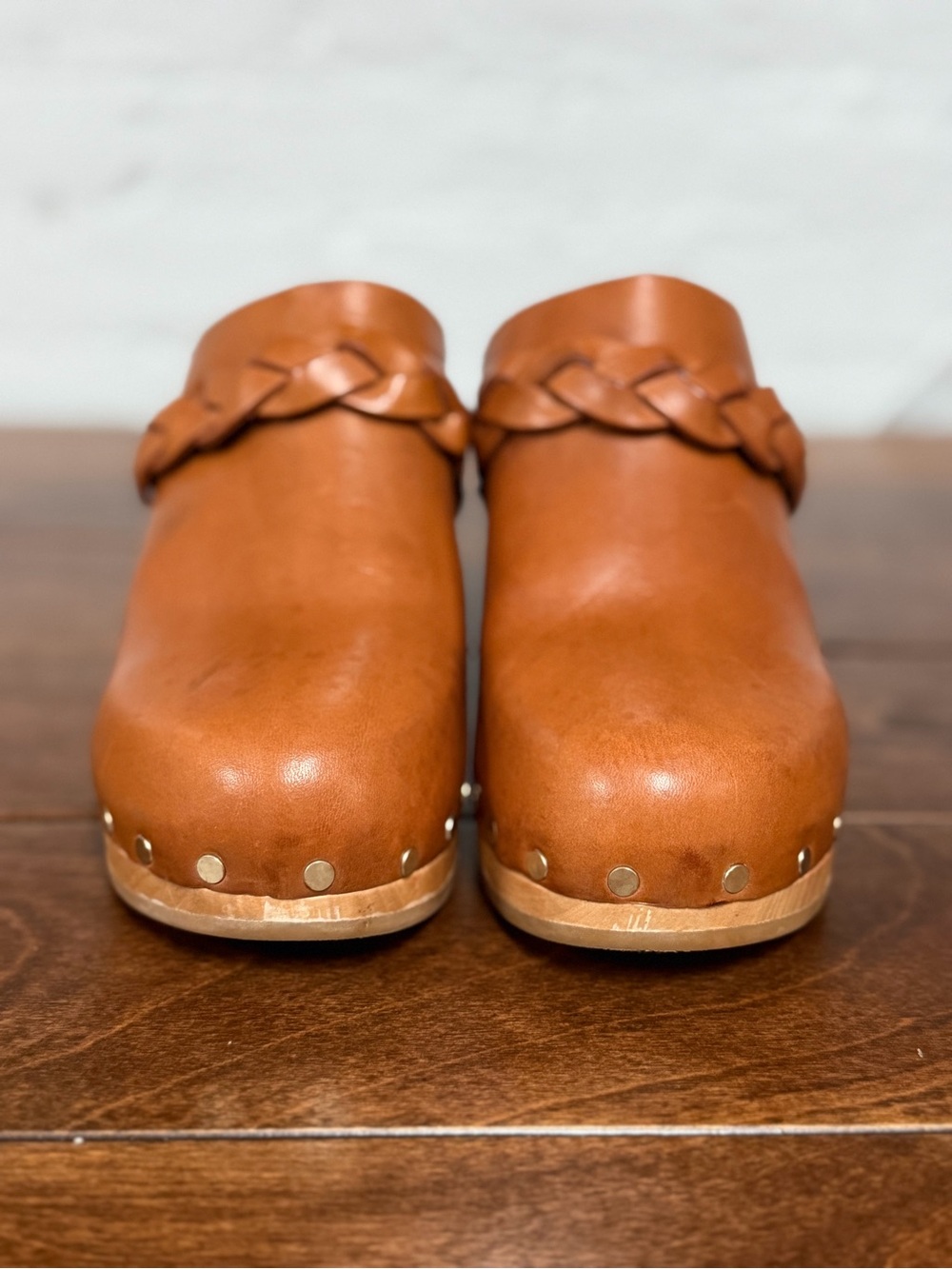 Loeffler Randall Braided Leather Clogs – Tan, Size 7.5, Wooden Heel